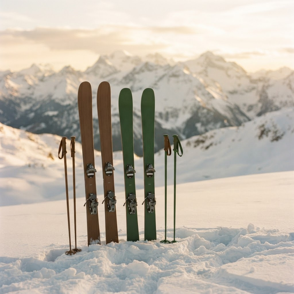Four skis and two poles standing upright in fresh Aspen powder at golden hour, snow-covered peaks and frosted evergreens behind