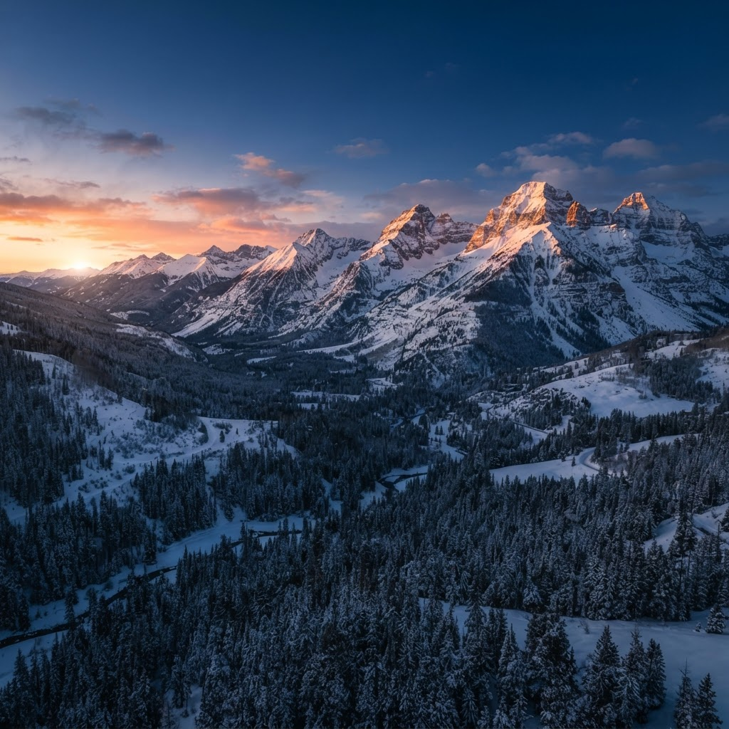 Snow-covered Aspen mountain peaks at golden hour
