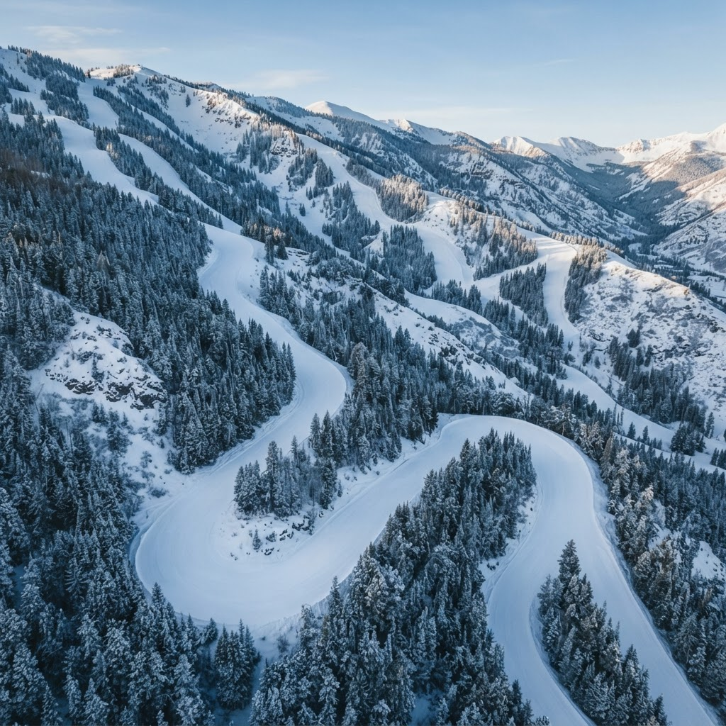 Aerial view of pristine ski slopes carving down a snowy Aspen mountainside