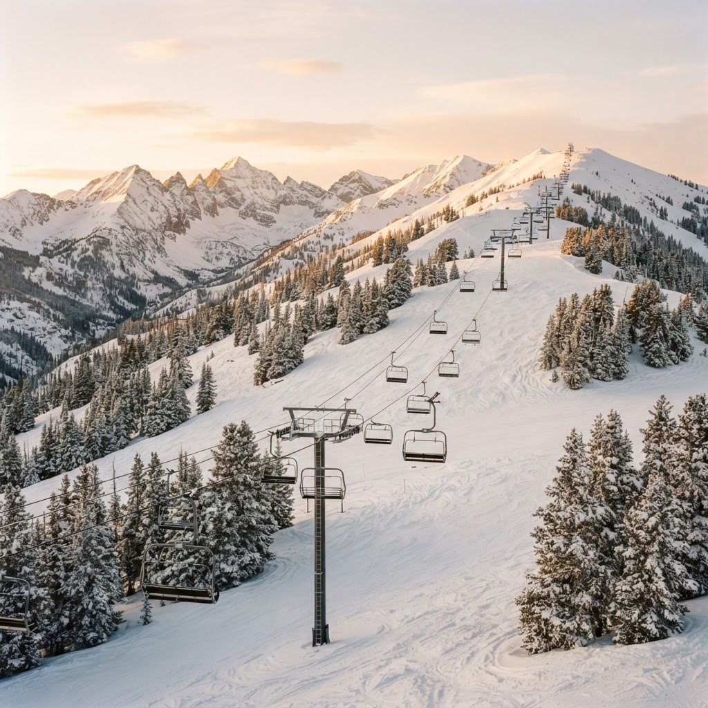 A ski resort chairlift climbing a snow-covered Aspen slope at golden hour, with snow-capped peaks catching sunset light behind